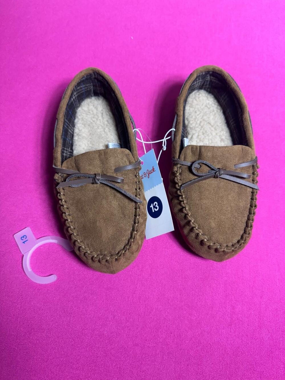Cat & Jack Moccasin Slippers – Brown Suede Faux Fur Lined Toddler Size 13